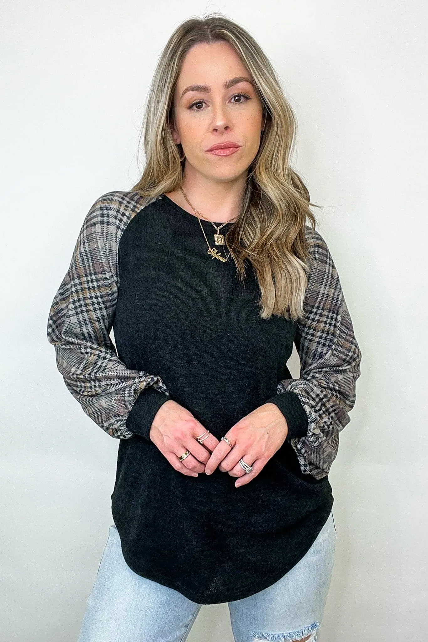 Andriah Plaid Contrast Sleeve Top - FINAL SALE