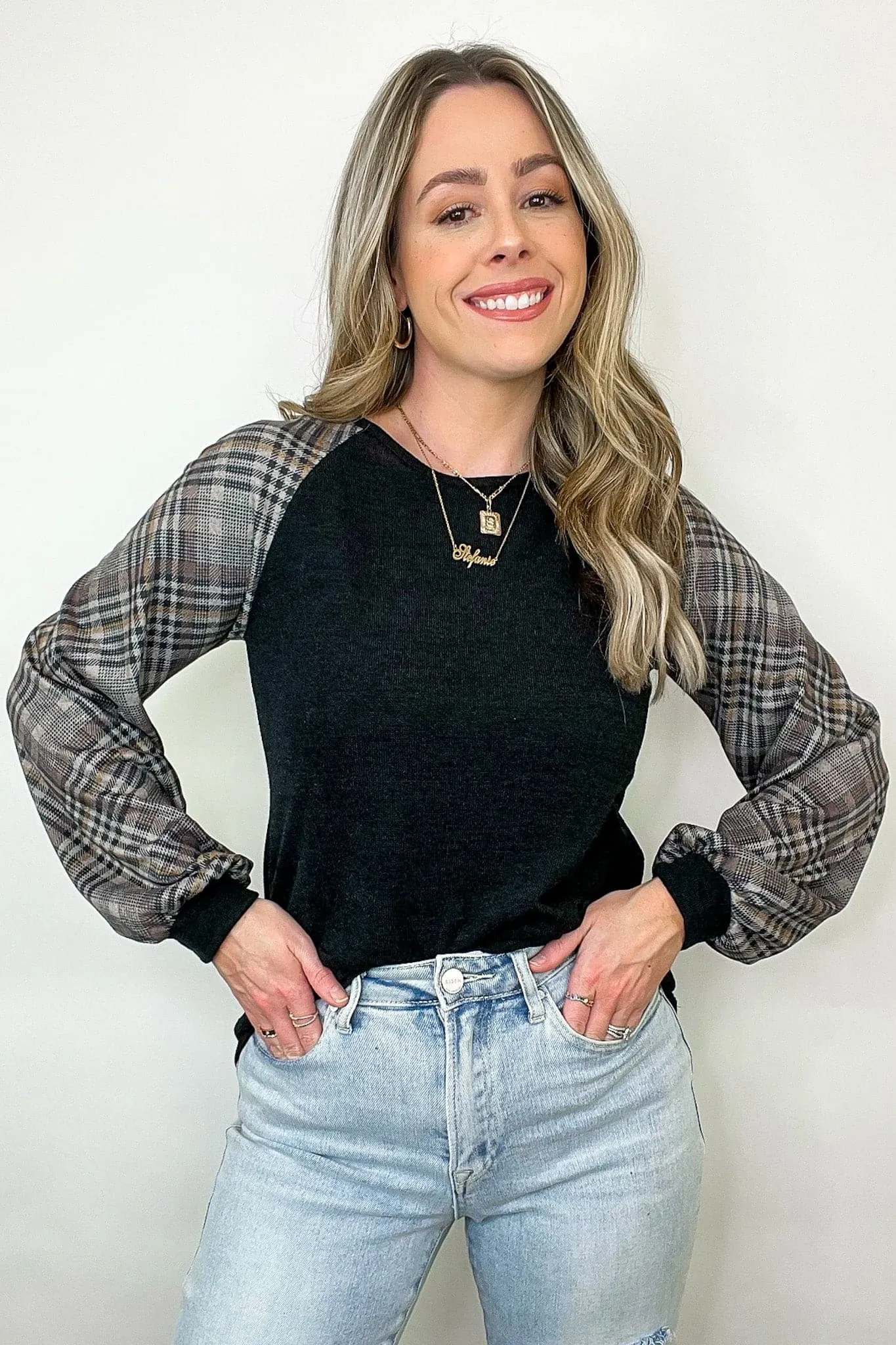 Andriah Plaid Contrast Sleeve Top - FINAL SALE