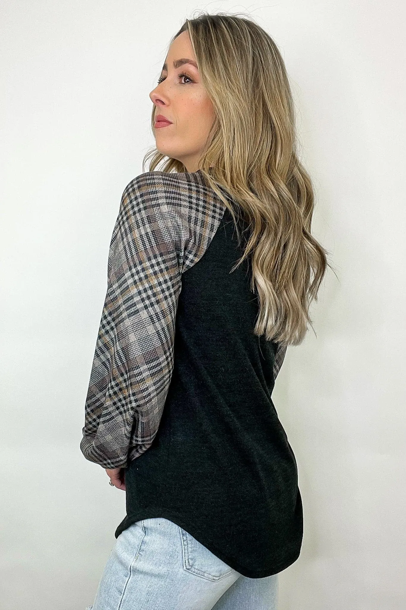 Andriah Plaid Contrast Sleeve Top - FINAL SALE
