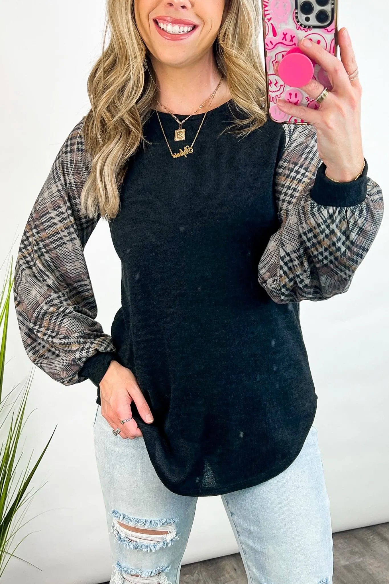 Andriah Plaid Contrast Sleeve Top - FINAL SALE