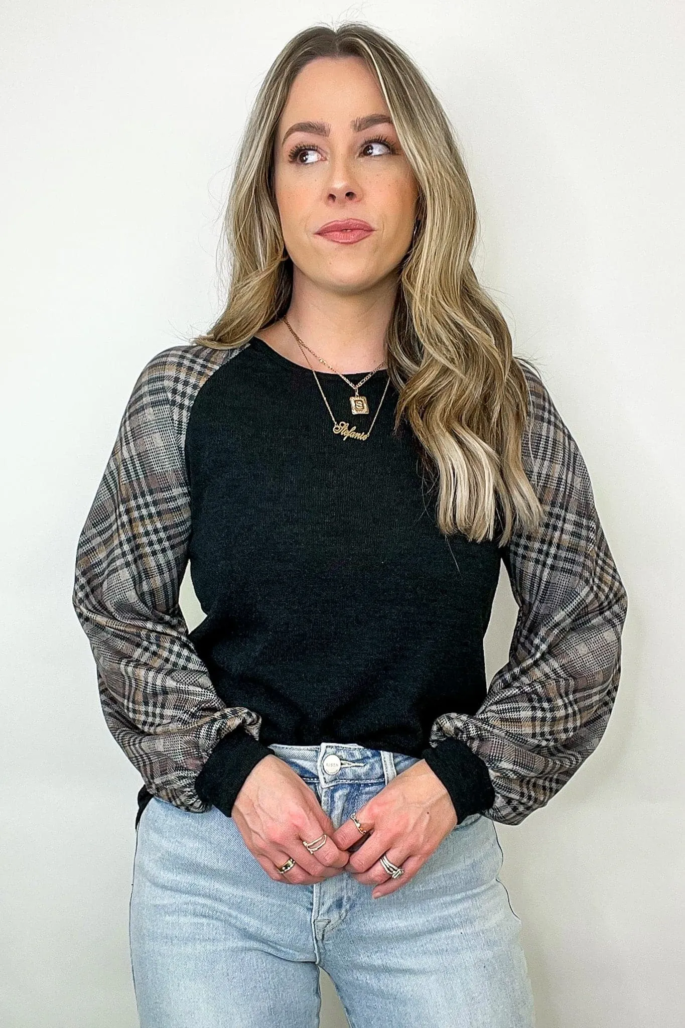 Andriah Plaid Contrast Sleeve Top - FINAL SALE