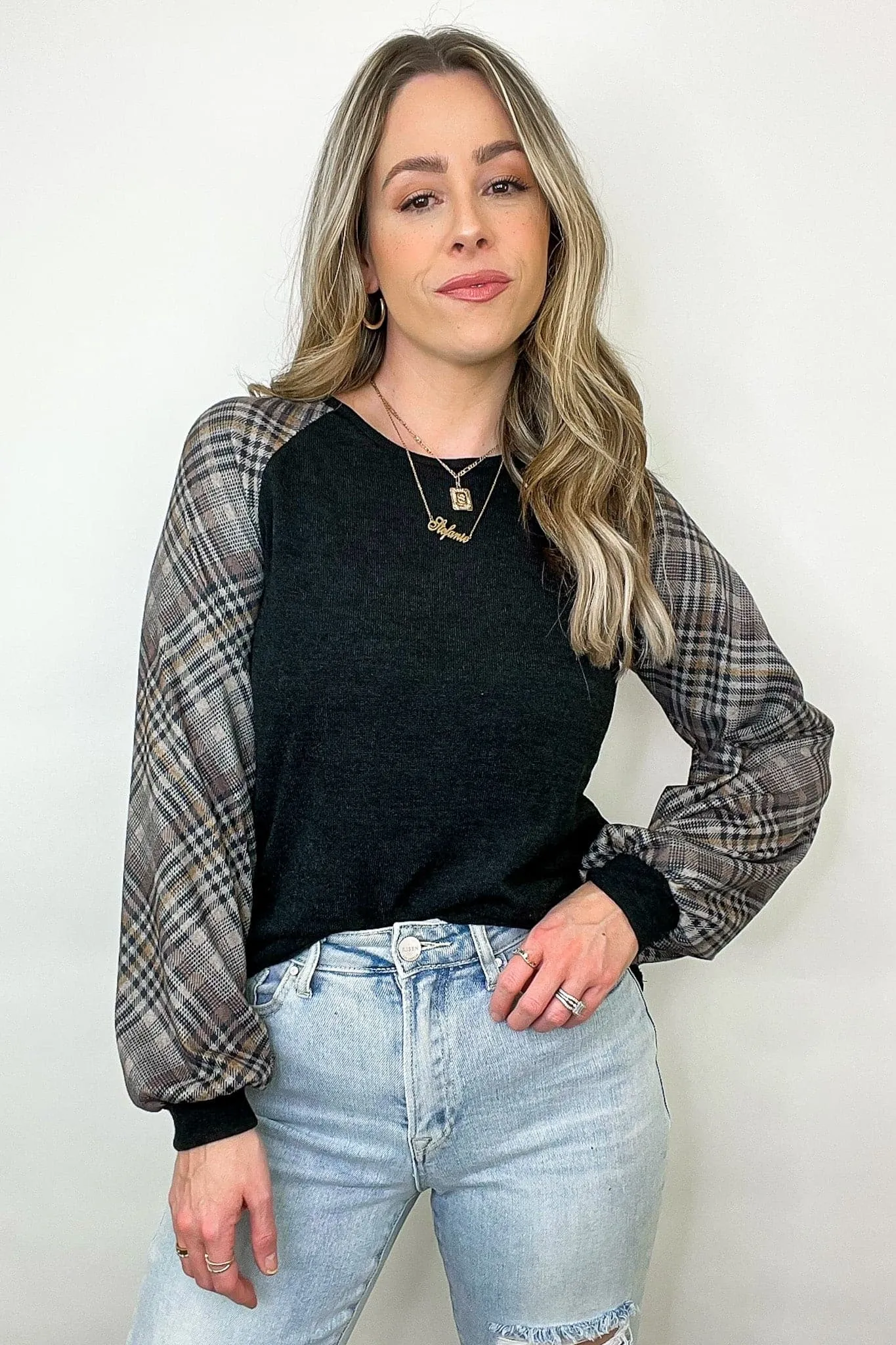 Andriah Plaid Contrast Sleeve Top - FINAL SALE