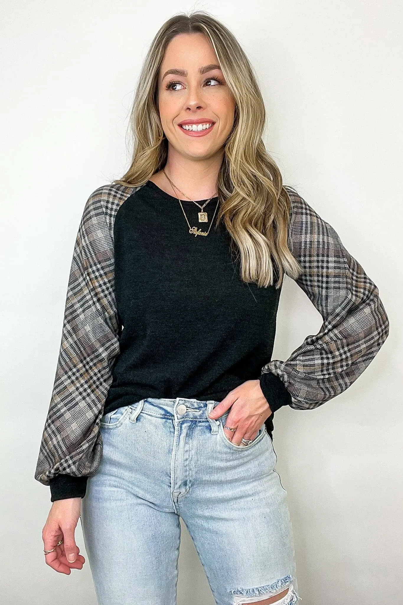 Andriah Plaid Contrast Sleeve Top - FINAL SALE
