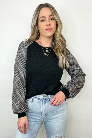 Andriah Plaid Contrast Sleeve Top - FINAL SALE