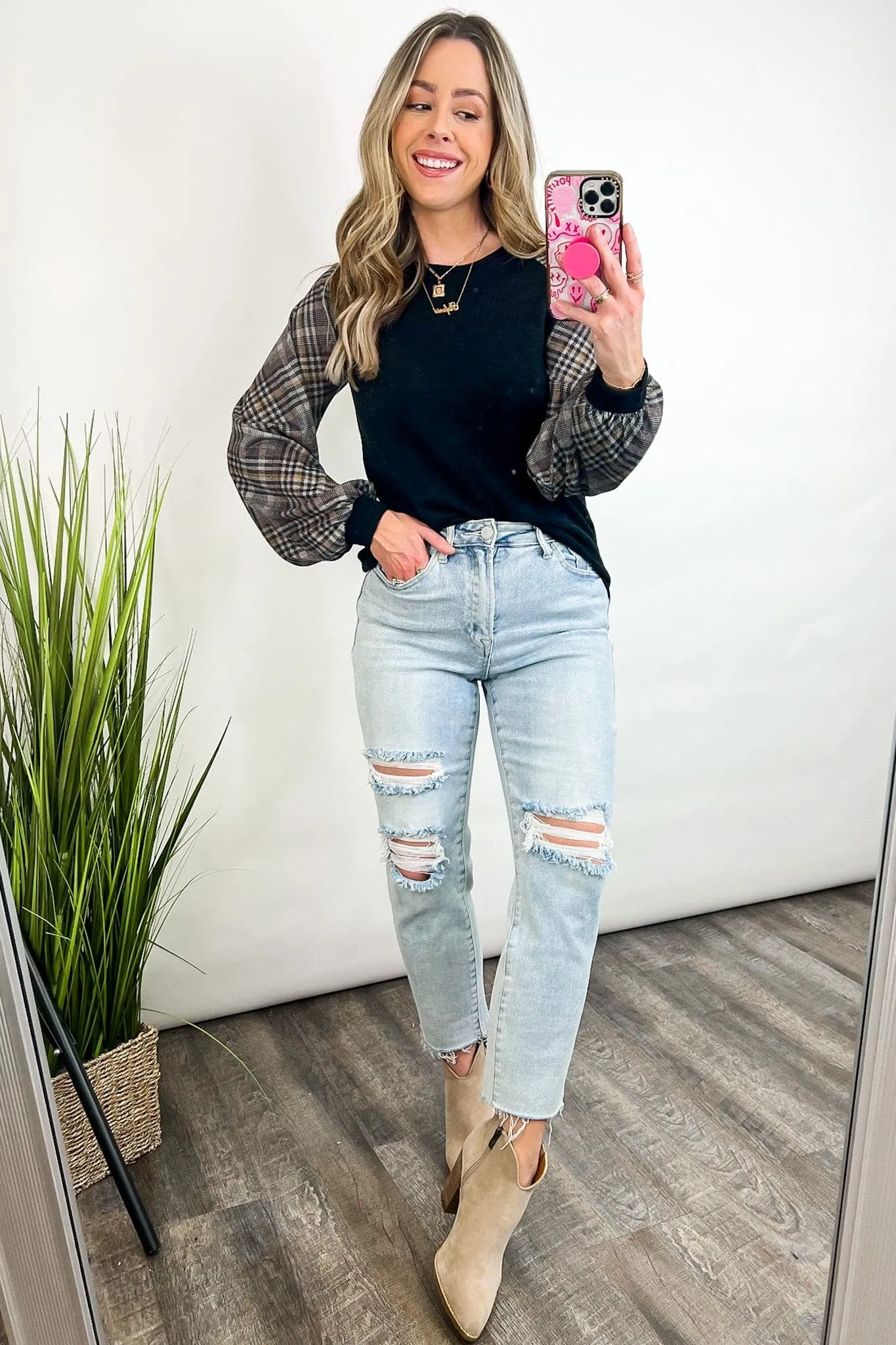 Andriah Plaid Contrast Sleeve Top - FINAL SALE