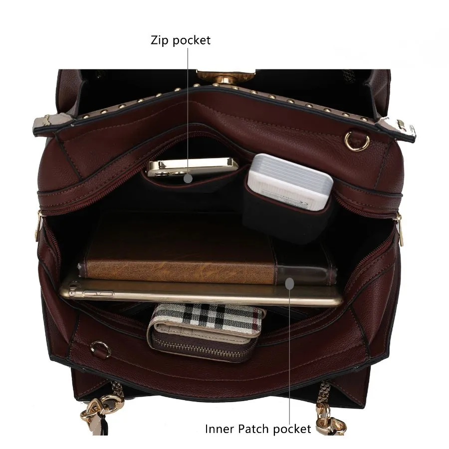 Aubrey Vegan Leather Multi Compartment Satchel Handbag - Color Block