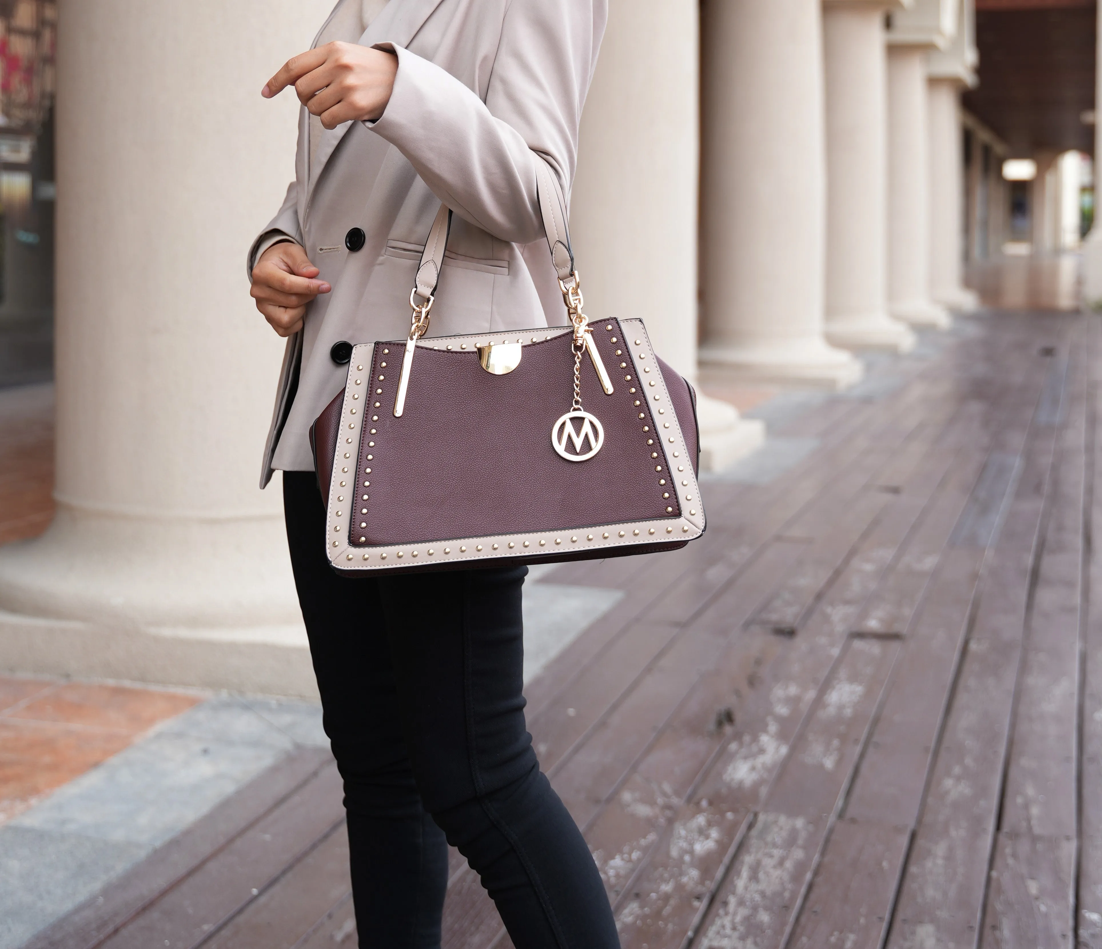Aubrey Vegan Leather Multi Compartment Satchel Handbag - Color Block