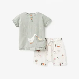 Elegant Baby On The Farm Knit Henley   Organic Muslin Short Set - Multi