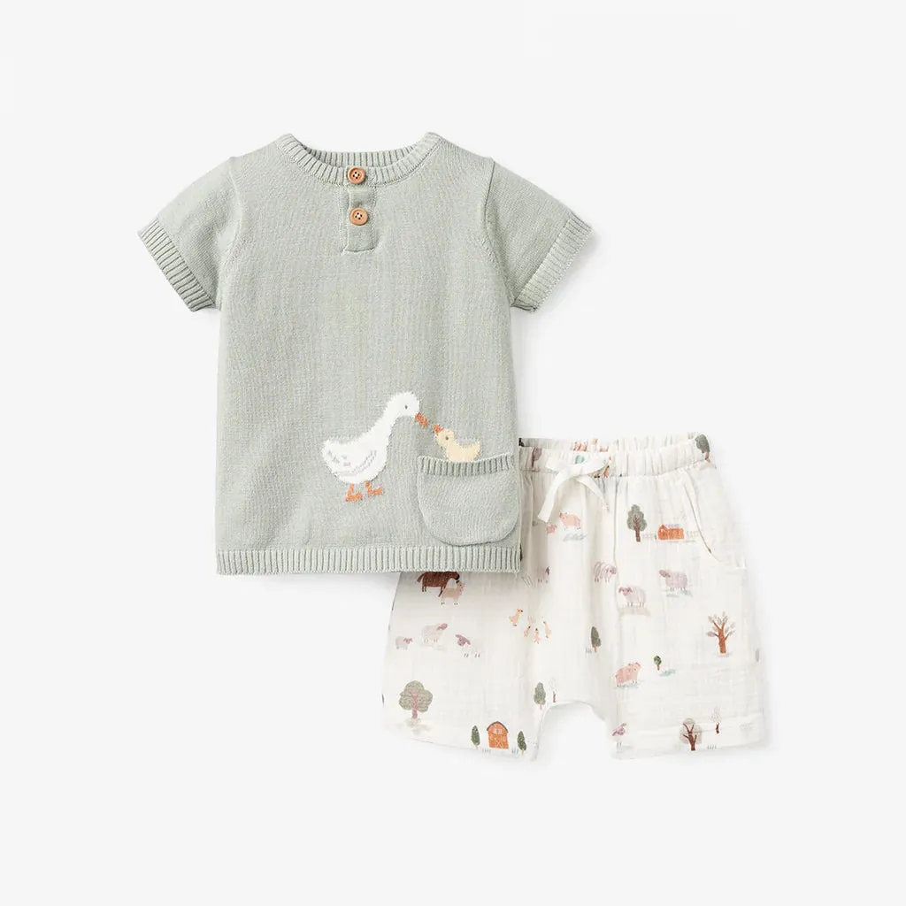 Elegant Baby On The Farm Knit Henley   Organic Muslin Short Set - Multi