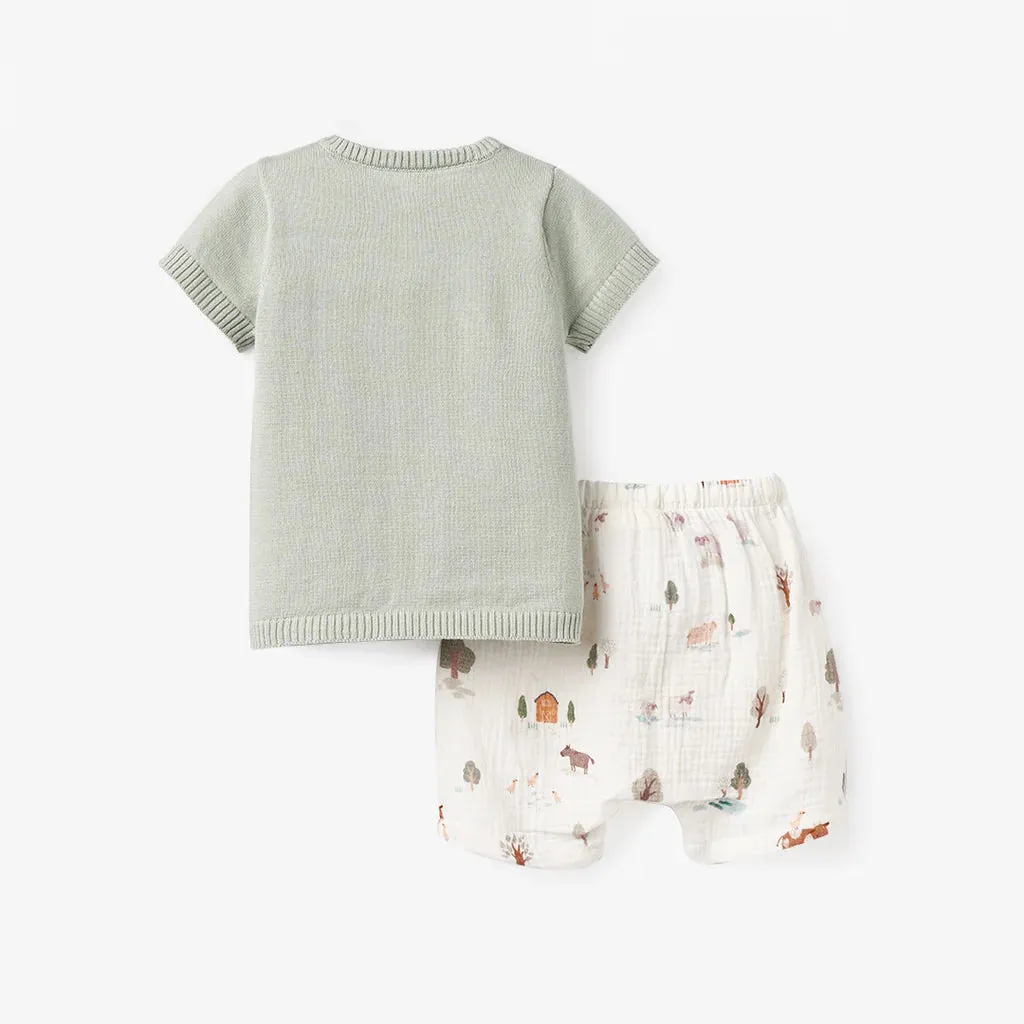 Elegant Baby On The Farm Knit Henley   Organic Muslin Short Set - Multi