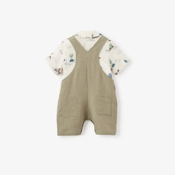 Elegant Baby Pond Friends Organic Cotton Muslin Top & Linen Blend Overalls - Multi