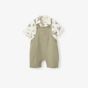 Elegant Baby Pond Friends Organic Cotton Muslin Top & Linen Blend Overalls - Multi