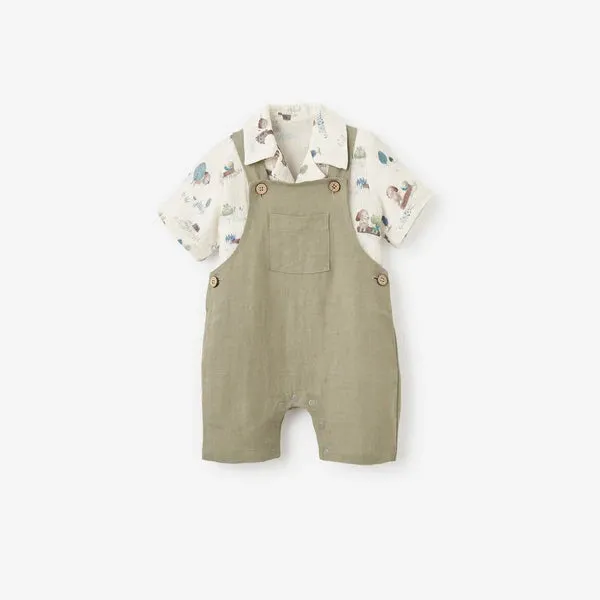 Elegant Baby Pond Friends Organic Cotton Muslin Top & Linen Blend Overalls - Multi