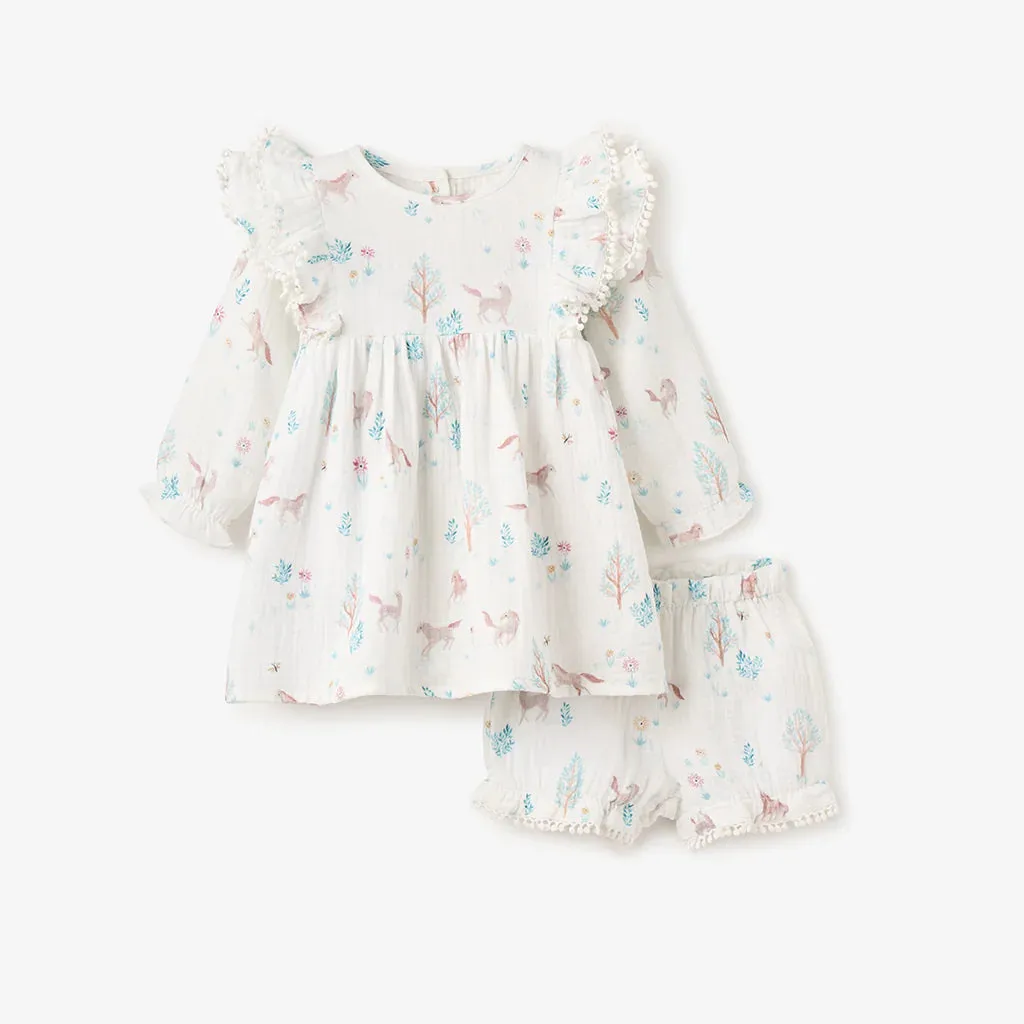 Elegant Baby Pony Meadow Organic Muslin Dress & Bloomer Set - White