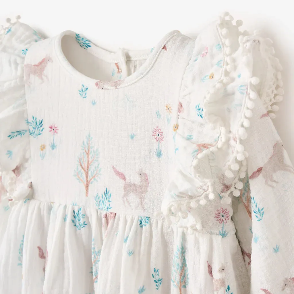 Elegant Baby Pony Meadow Organic Muslin Dress & Bloomer Set - White