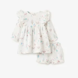 Elegant Baby Pony Meadow Organic Muslin Dress & Bloomer Set - White