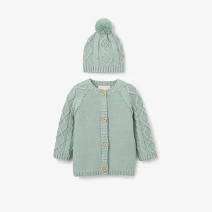 Elegant Baby Sage Chunky Diamond Cable Cardigan & Hat Set