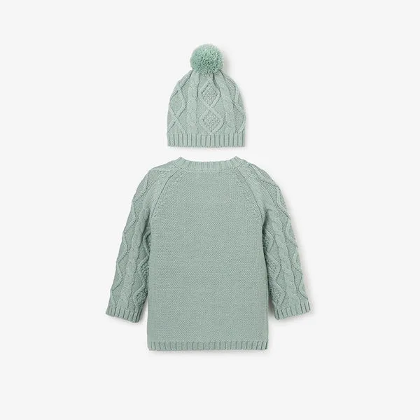 Elegant Baby Sage Chunky Diamond Cable Cardigan & Hat Set