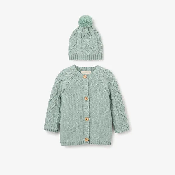 Elegant Baby Sage Chunky Diamond Cable Cardigan & Hat Set