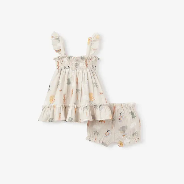 Elegant Baby Seaside Safari Organic Muslin Smocked Dress W/ Bloomer -  Rainy Day