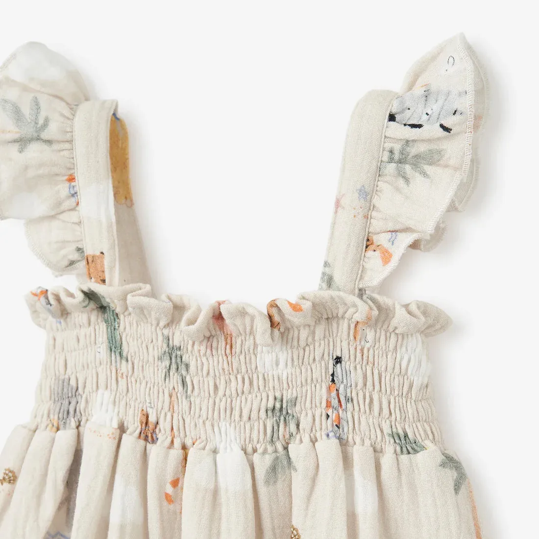 Elegant Baby Seaside Safari Organic Muslin Smocked Dress W/ Bloomer -  Rainy Day