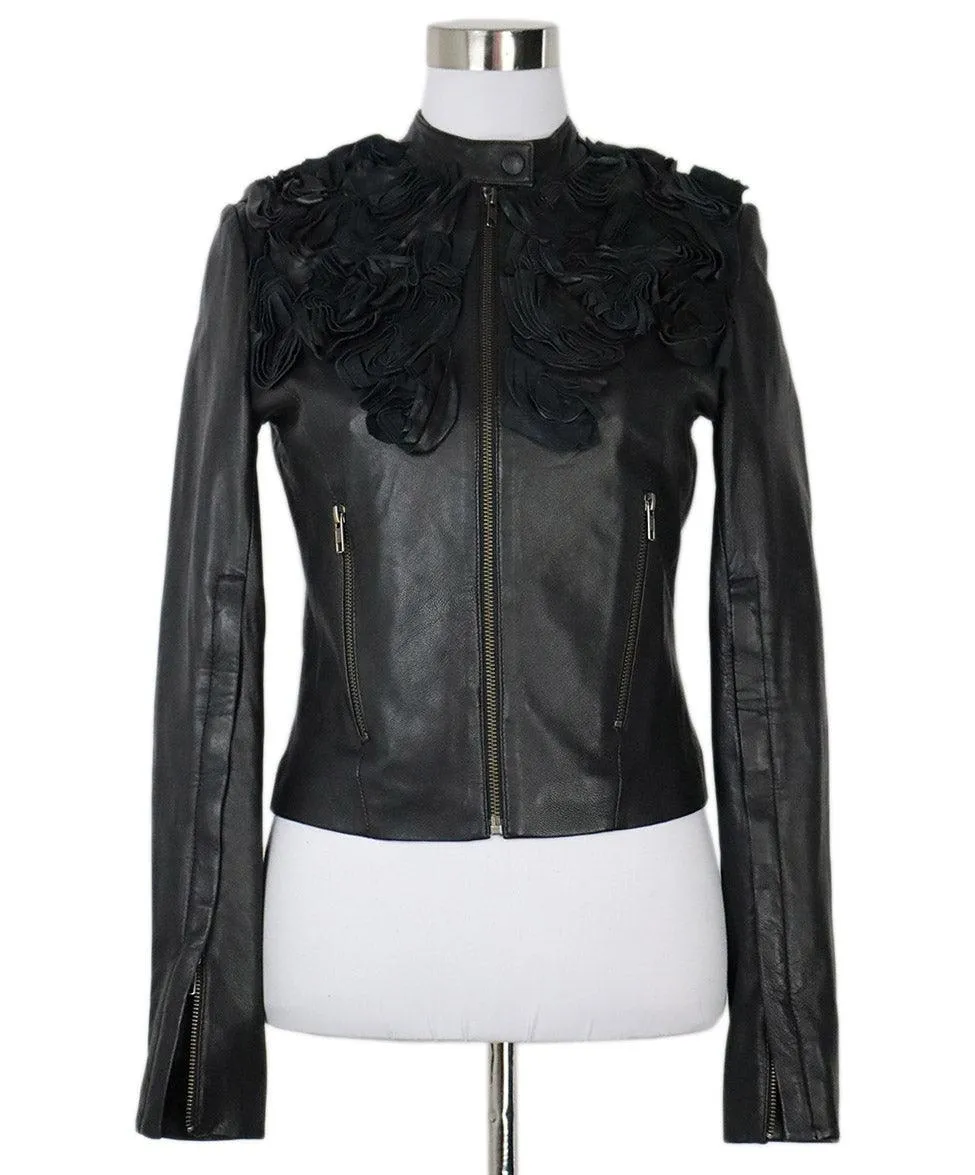 Givenchy Black Leather Floral Trim Jacket sz 6