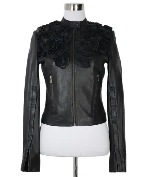 Givenchy Black Leather Floral Trim Jacket sz 6