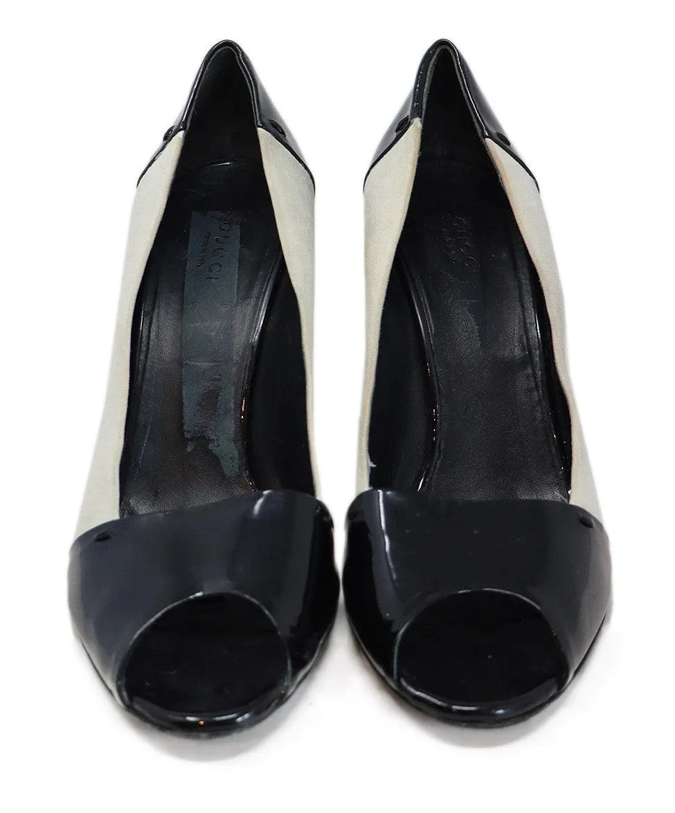 Gucci Grey Suede & Black Patent Peep Toe Heels sz 9