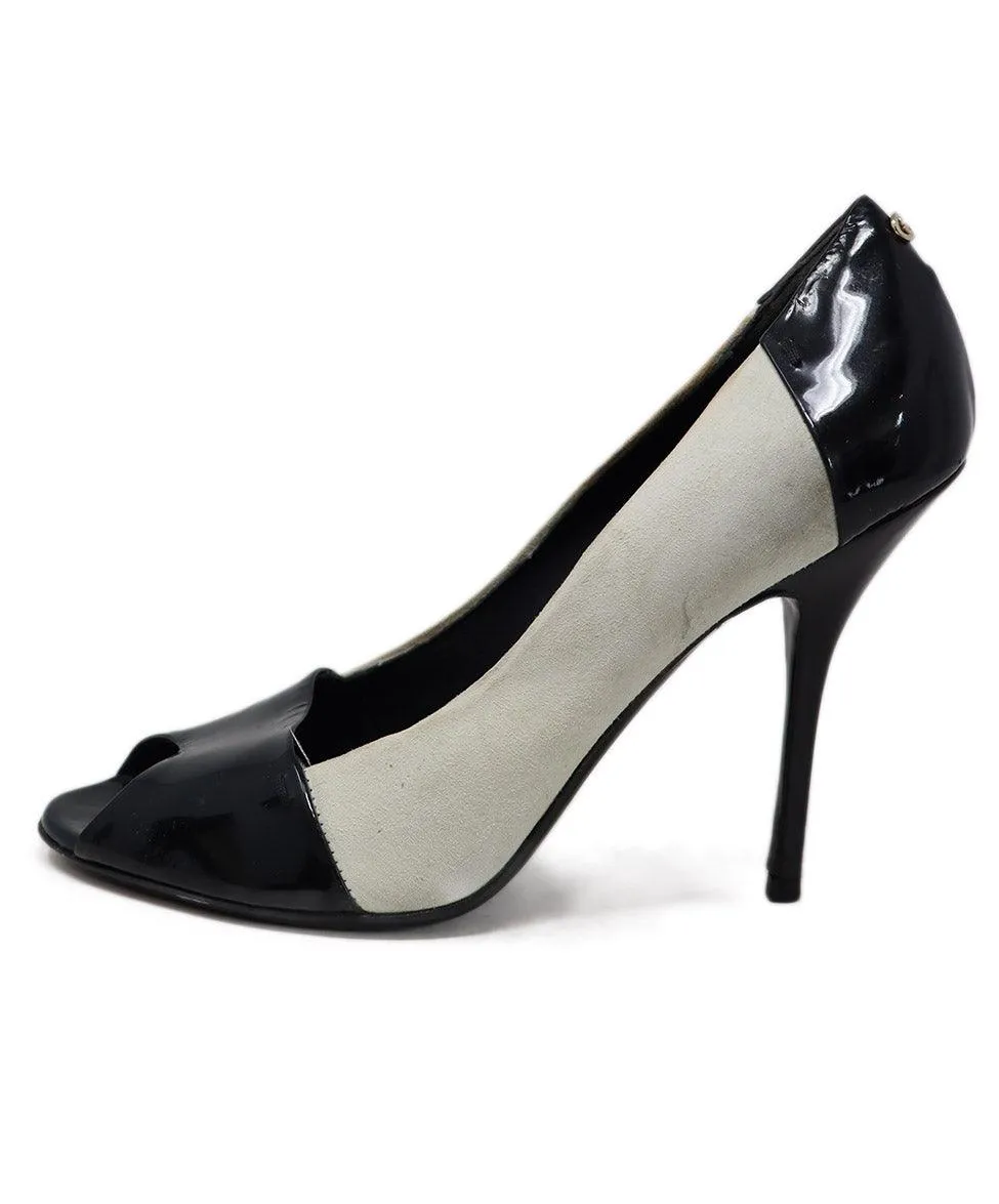 Gucci Grey Suede & Black Patent Peep Toe Heels sz 9