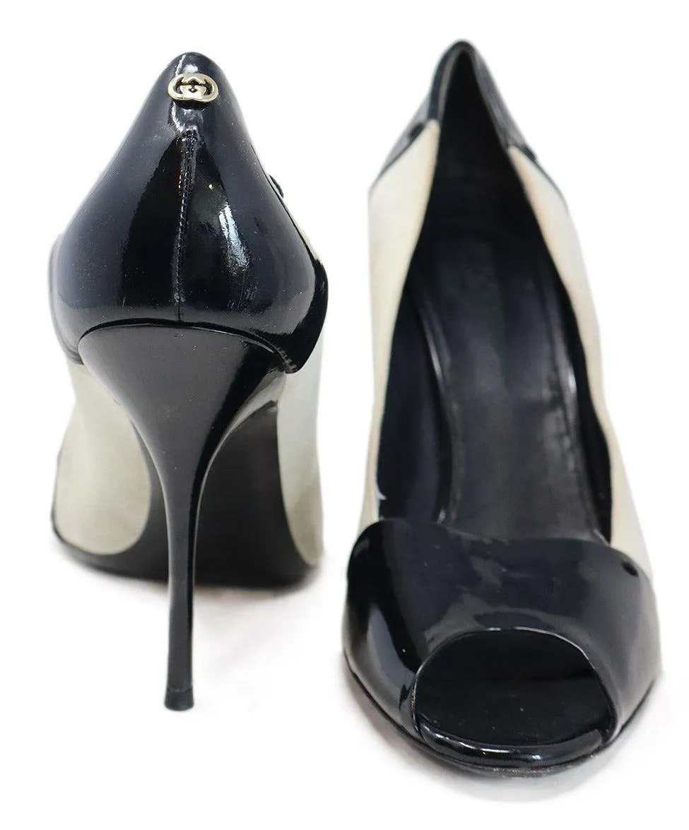 Gucci Grey Suede & Black Patent Peep Toe Heels sz 9