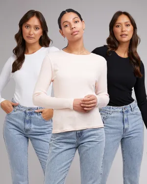 Rib Long Sleeve 3pk Wht/Blk/Ppnk
