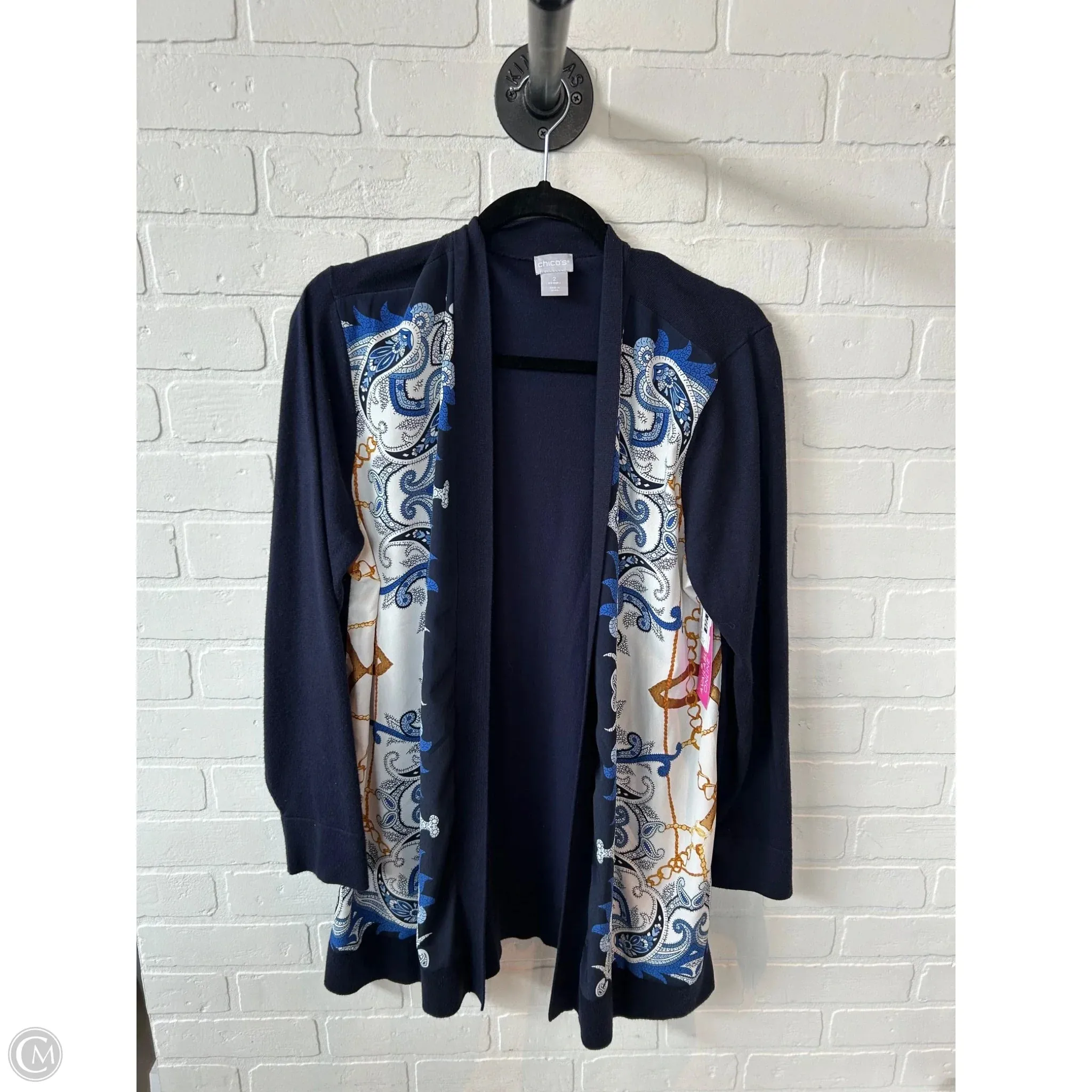 Sweater Cardigan By Chicos In Blue & White, Size: L
