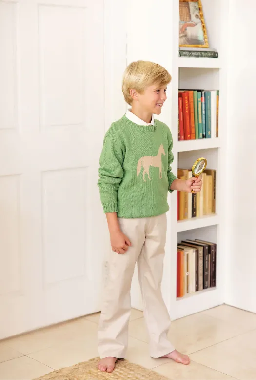 The Beaufort Bonnet Company Unisex Isaac's Intarsia Sweater - Grenada Green With Horse Intarsia
